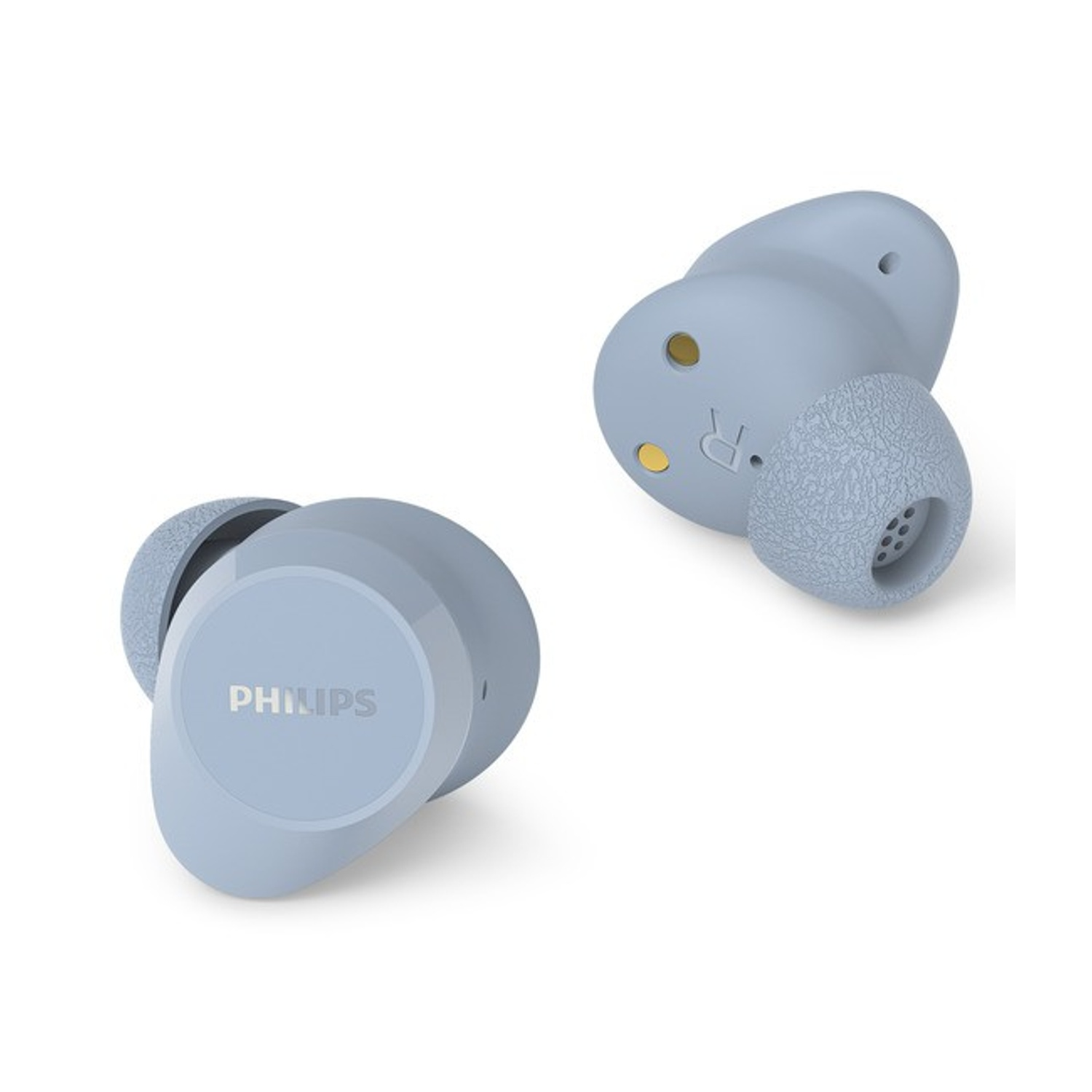 Due auricolari Philips azzurri su sfondo bianco.