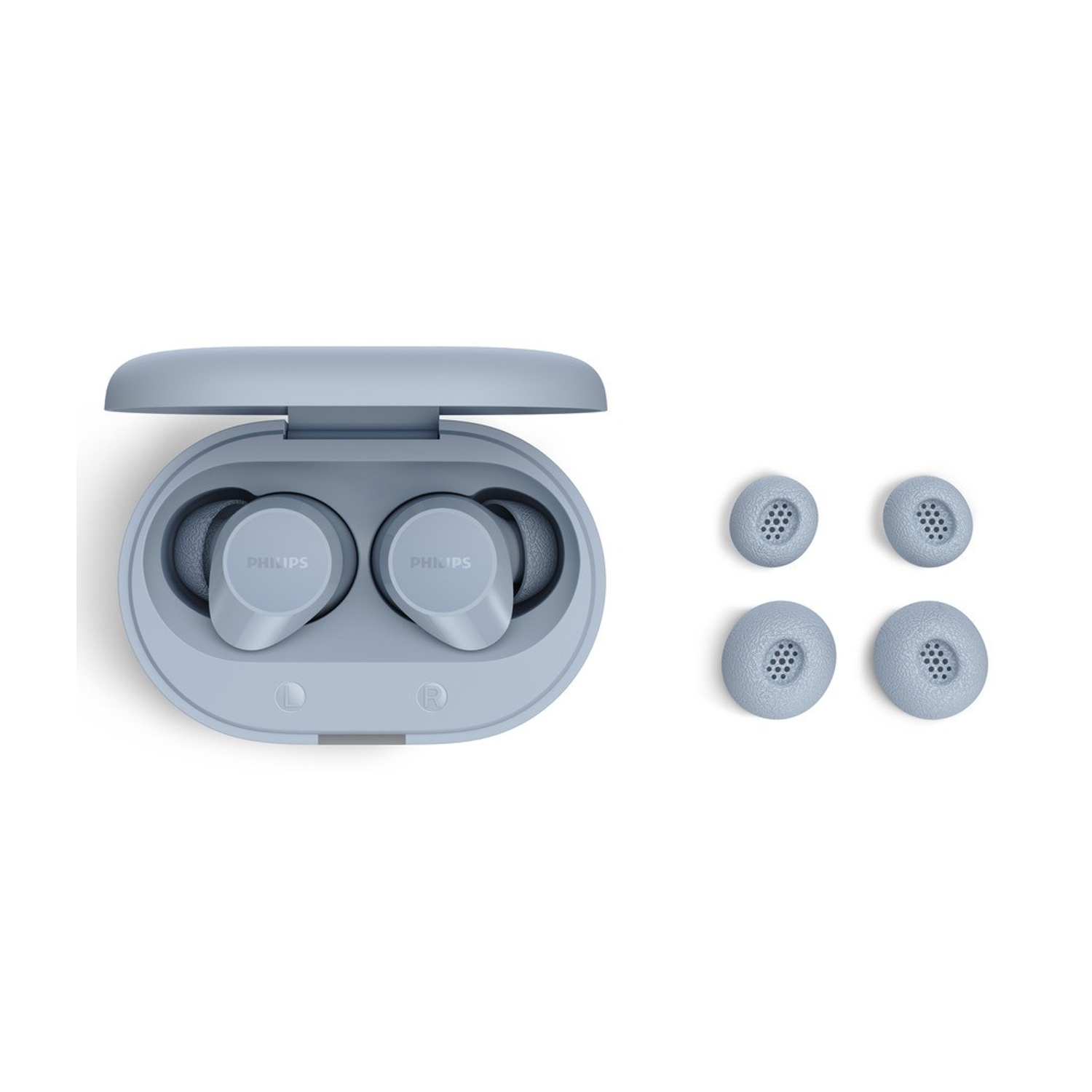 Auricolari wireless azzurri in custodia di ricarica aperta e quattro gommini.