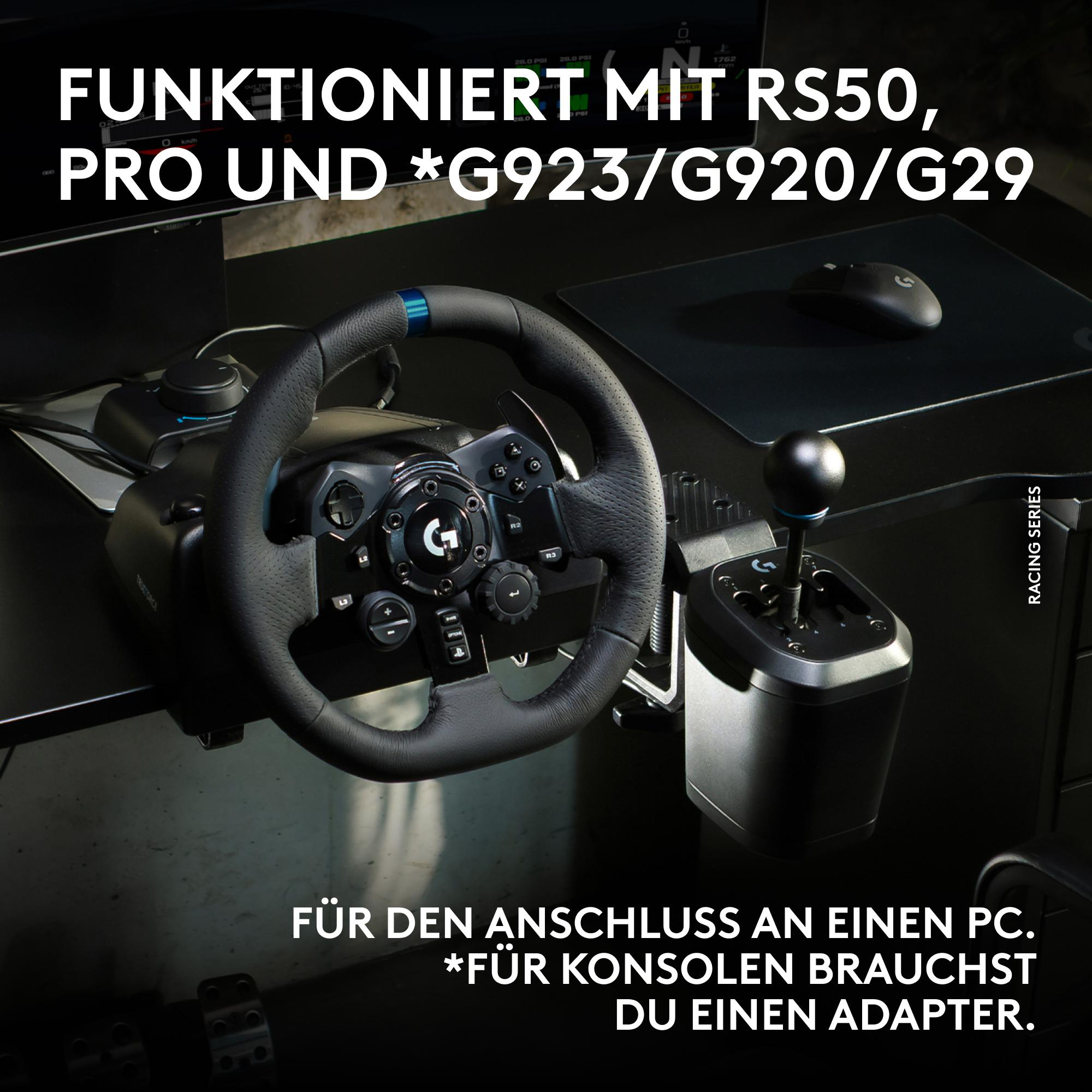 Logitech Gaming Lenkrad, Schalthebel und Maus auf einem Schreibtisch.