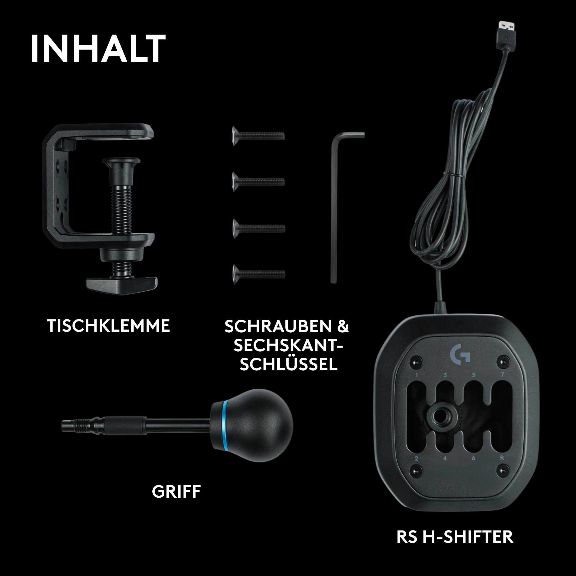 Inhalt: Tischklemme, Schrauben, Sechskantschlüssel, Griff, RS H-Shifter.