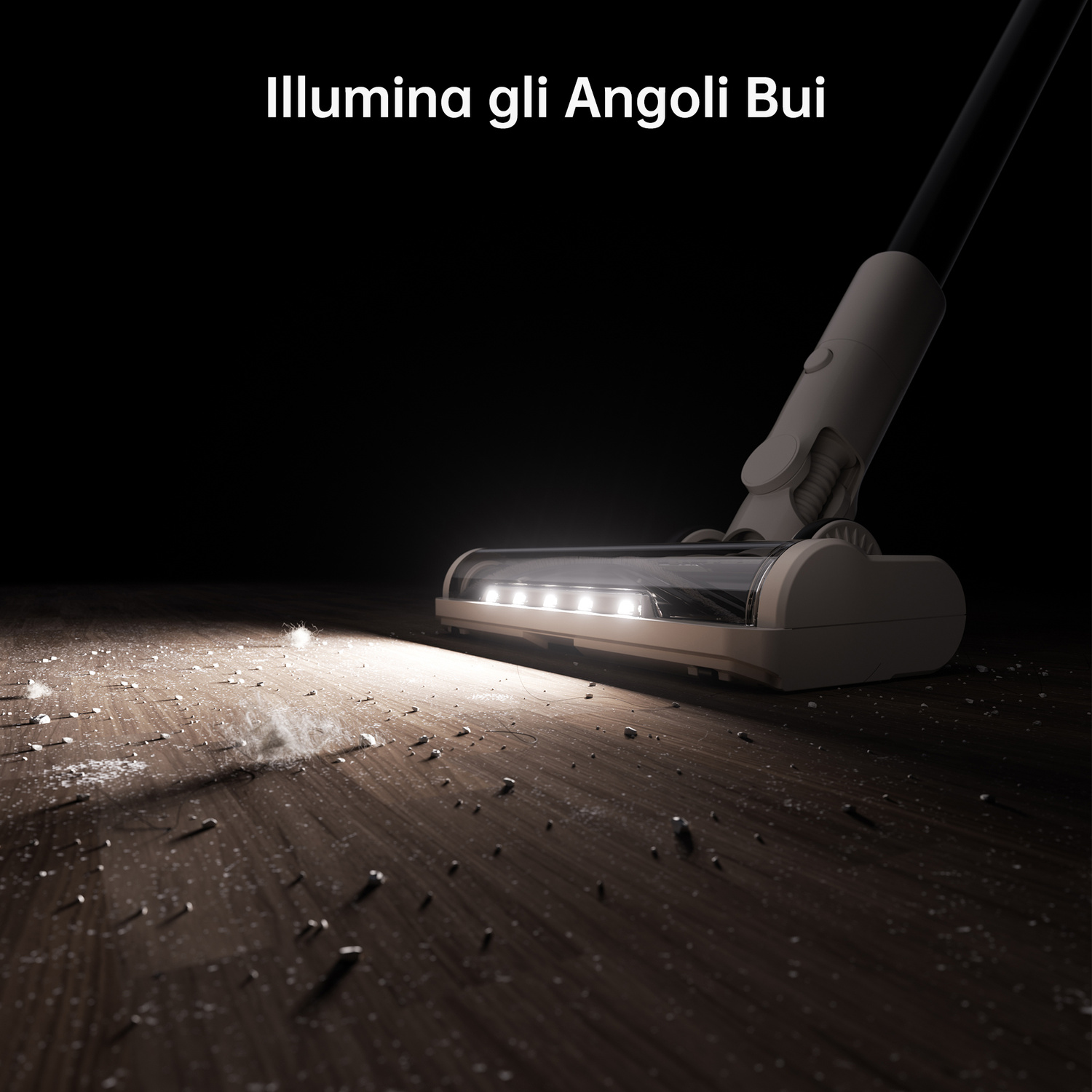 Un aspirapolvere con luci pulisce un pavimento in legno sporco.
