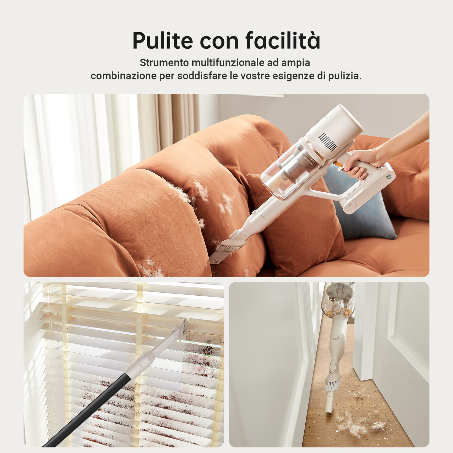 Un aspirapolvere portatile pulisce un divano, persiane e un angolo.