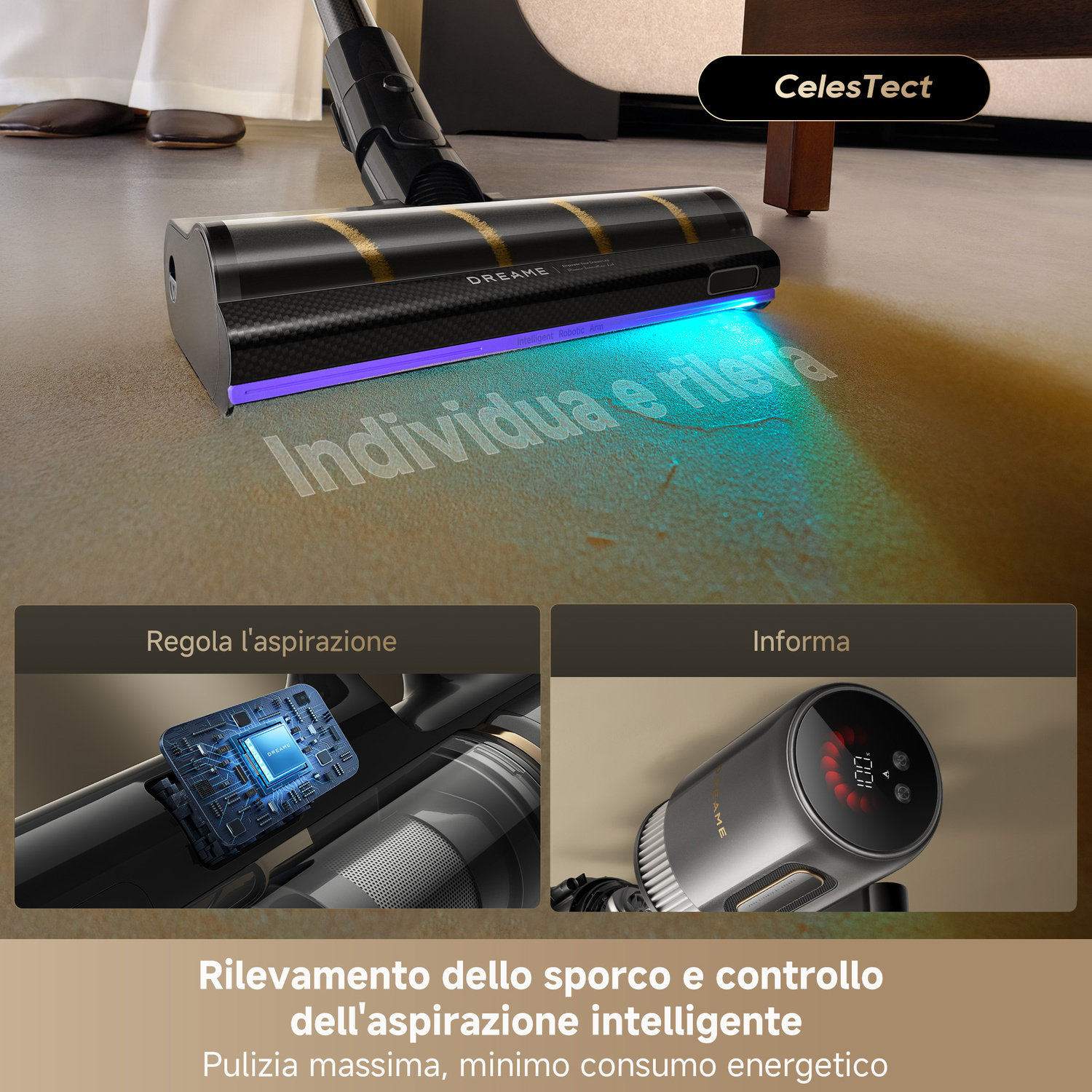 Aspirapolvere con luce blu su tappeto, mostra rilevamento sporco.
