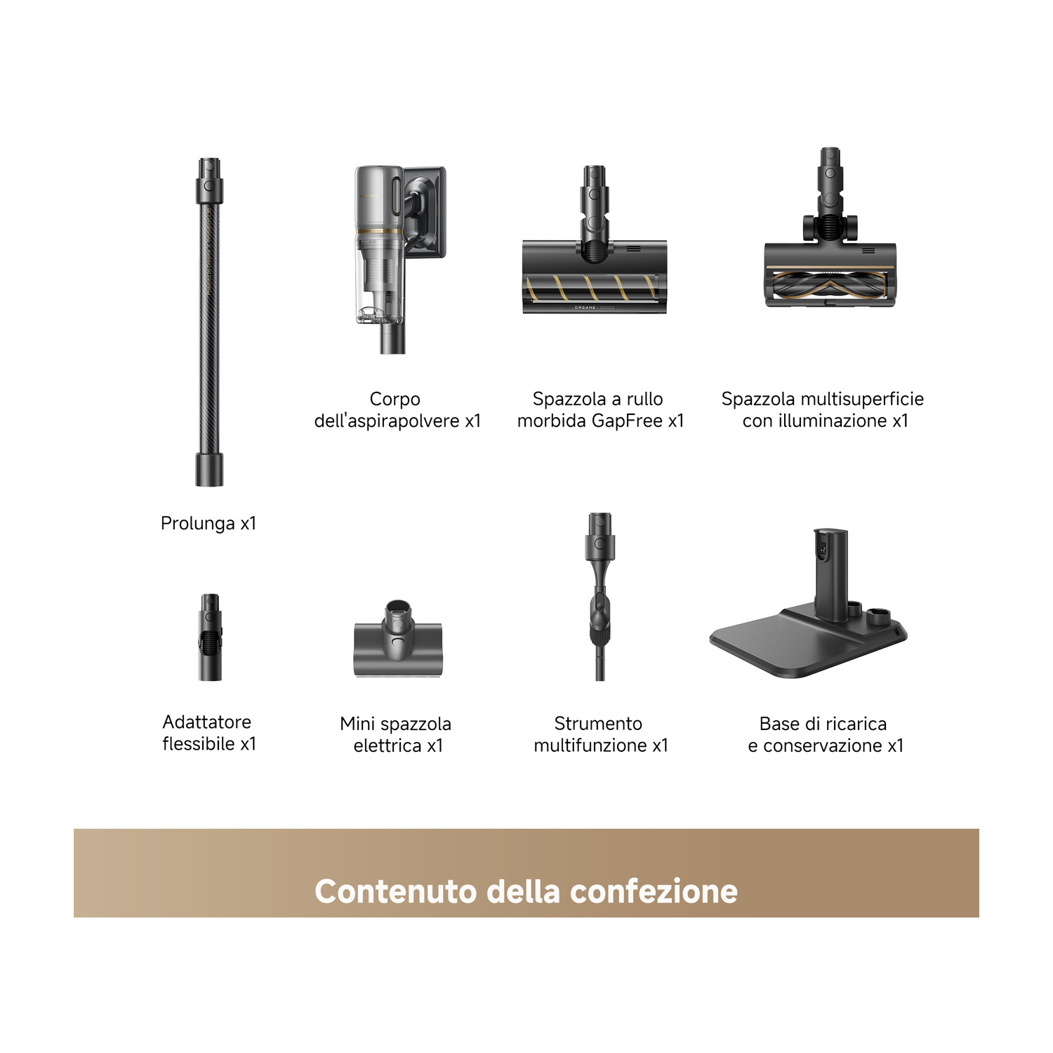 Accessori aspirapolvere: prolunga, corpo, spazzole, base ricarica.