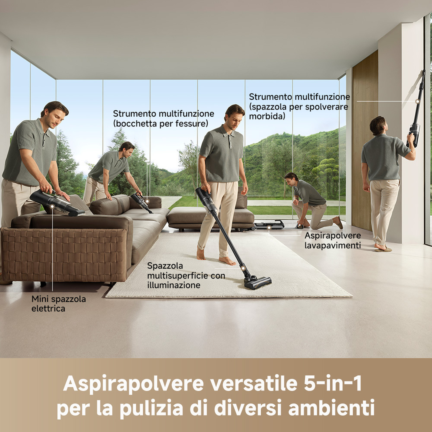 Uomini usano aspirapolvere 5-in-1 per pulire soggiorno e muro.