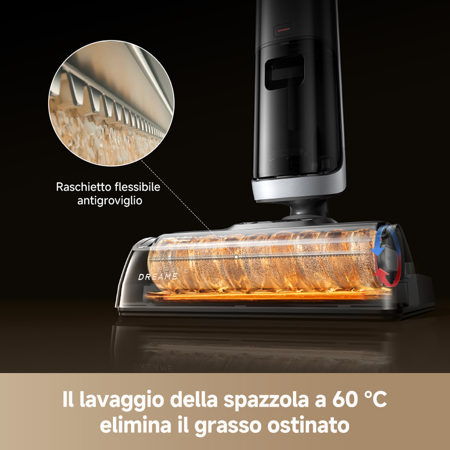 Una testina per aspirapolvere con spazzola rotante e pettine flessibile.