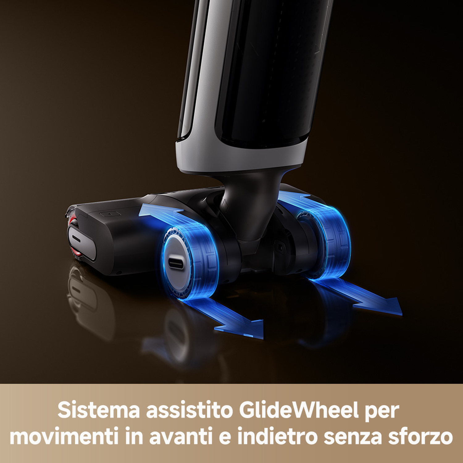 Base aspirapolvere con frecce blu luminose che indicano il movimento.