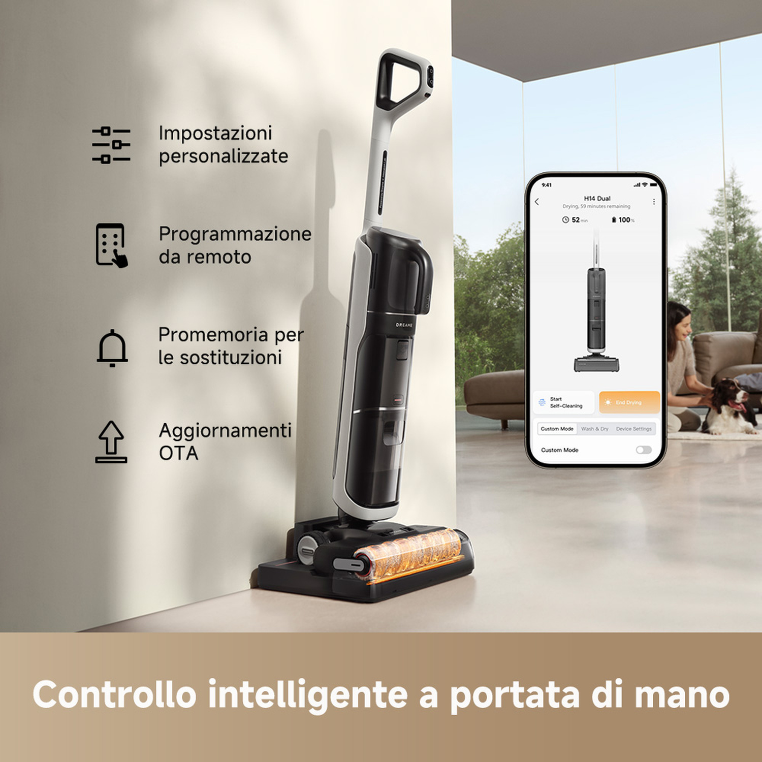 Un moderno aspirapolvere con controllo app, in un soggiorno.