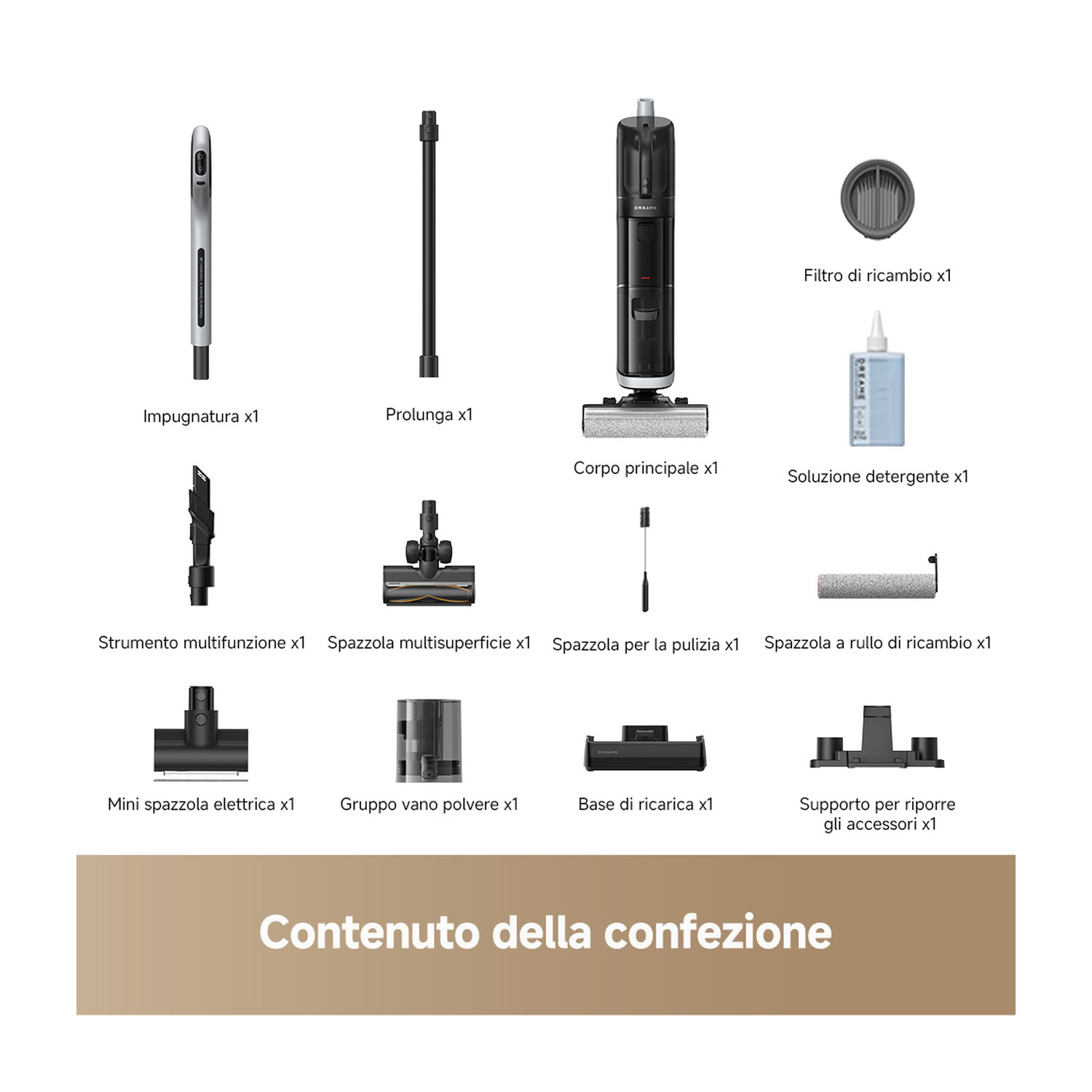 Contenuto della confezione: Manico, prolunga, corpo principale, filtro, soluzione detergente, strumenti, spazzole, base di ricarica.
