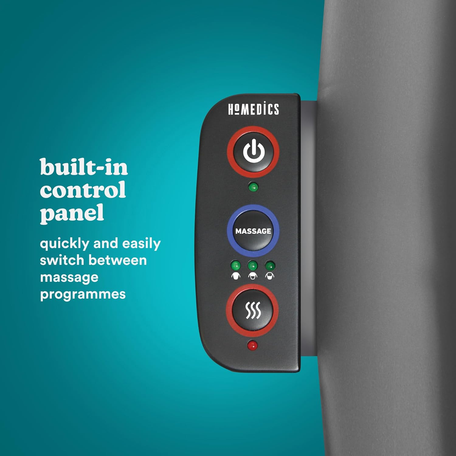 HoMedics vezérlőpanel be-, masszázs- és hőt gombokkal, türkiz háttéren.