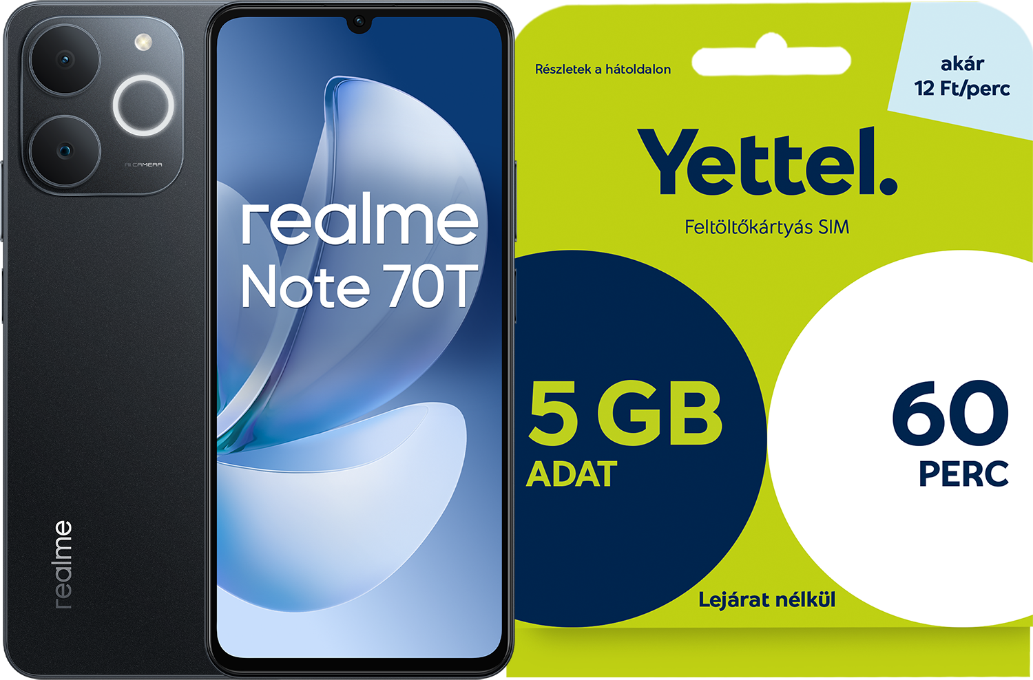 REALME NOTE 70T 4/128 GB DualSIM Fekete Feltöltőkártyás Okostelefon + Yettel L Expressz SIM kárty
