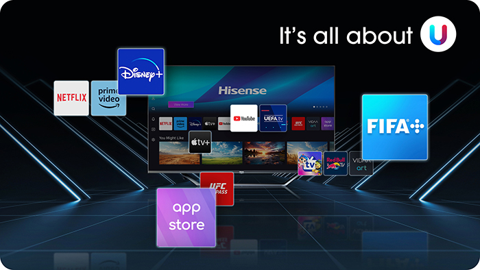 Telewizor Smart TV Hisense wyświetla ikony aplikacji, takie jak Netflix, Disney+, YouTube i FIFA.