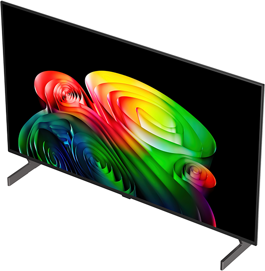Egy modern televízió színes absztrakt mintával a képernyőn, ezüst állványlábakkal.
