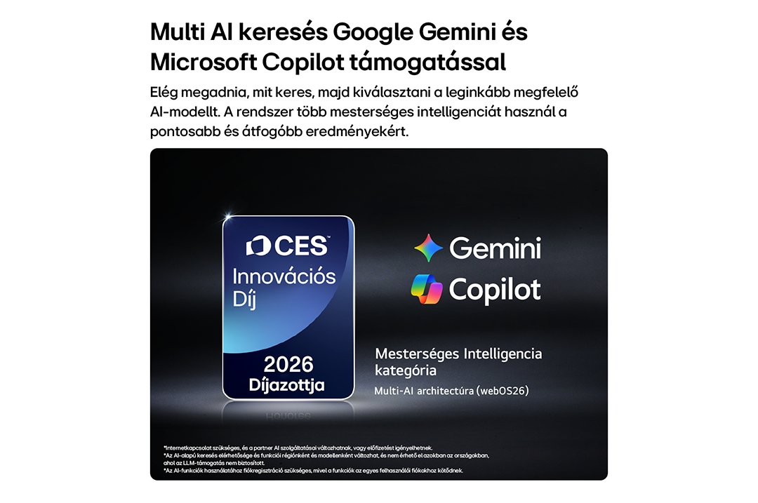 CES 2026 Innovációs Díj Multi-AI architektúráért (webOS26) Gemini és Copilot.