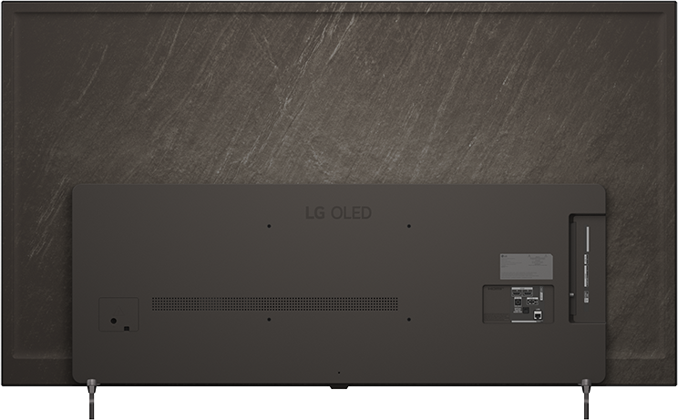 Egy sötét LG OLED TV hátoldala portokkal és szellőzőnyílásokkal.