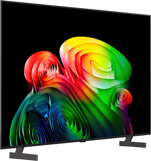 Egy modern fekete televízió élénk, absztrakt, örvénylő színmintát mutat.