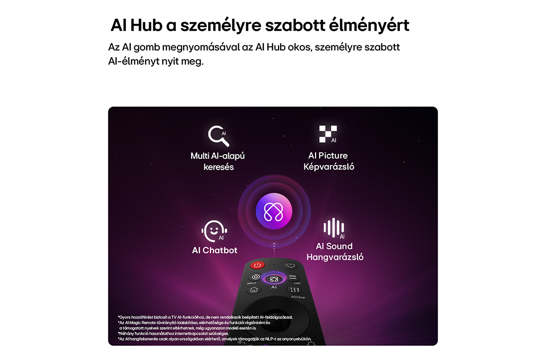 Távirányító kijelző MI funkciókkal: keresés, kép, chatbot és hang.