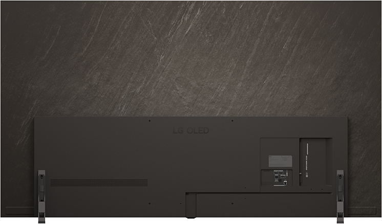Egy fekete LG OLED TV hátulja csatlakozókkal és logókkal.