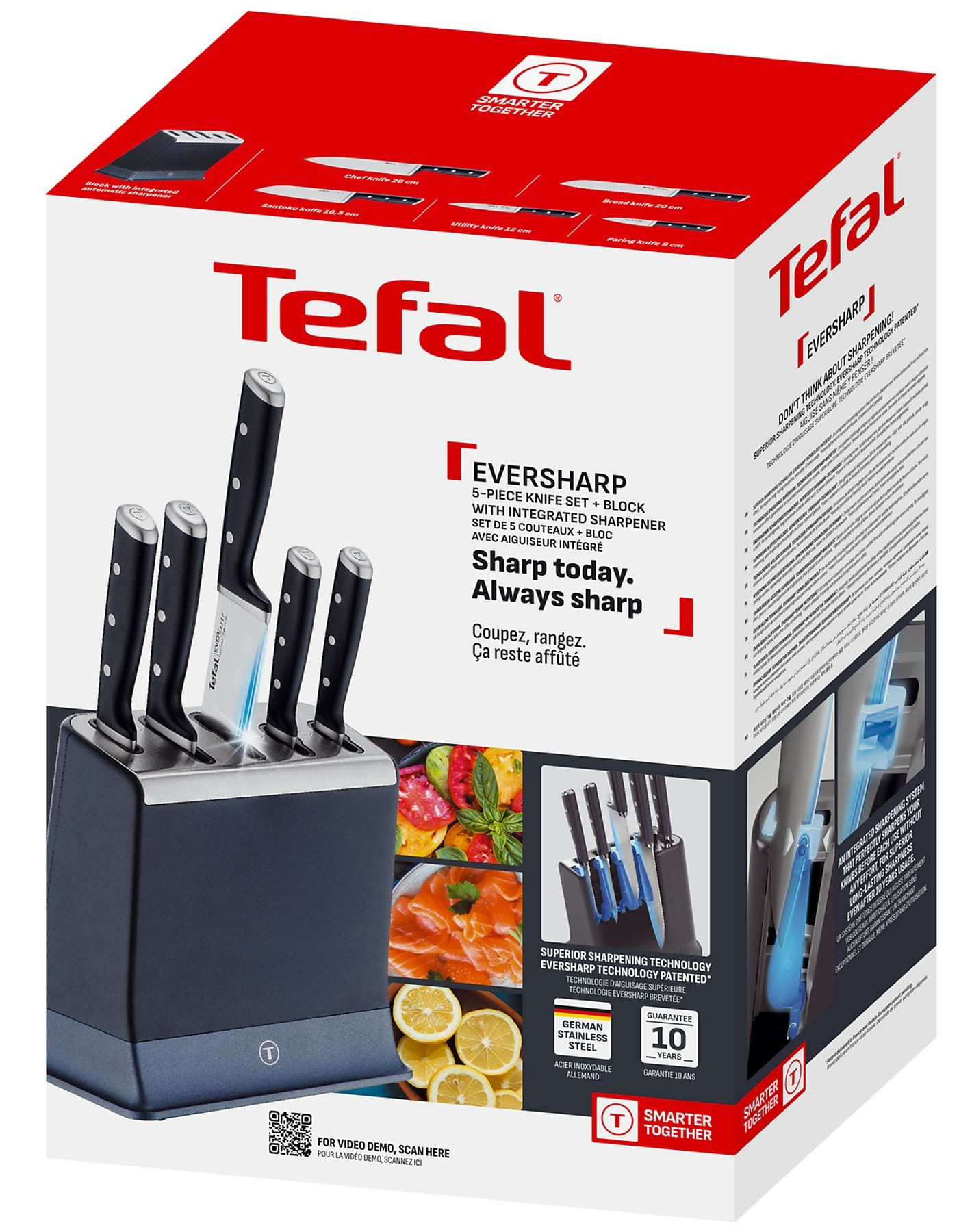 Zestaw 5 noży Tefal ze zintegrowaną ostrzałką i blokiem, z ostrymi nożami.
