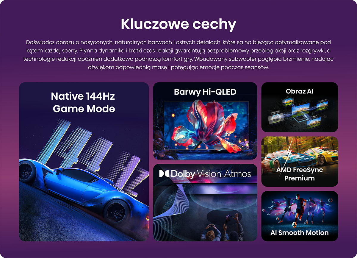 Niebieski samochód sportowy z grafiką "Native 144Hz Game Mode". Obok funkcje TV.