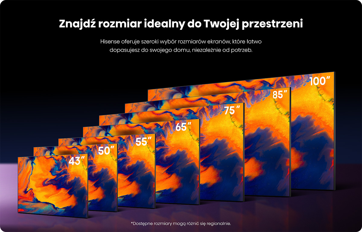 Seria telewizorów Hisense w różnych rozmiarach, od 43 do 100 cali.