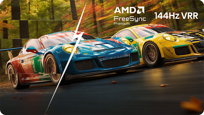 Dwa samochody wyścigowe, niebieski i żółty, pędzą po torze. AMD Freesync.
