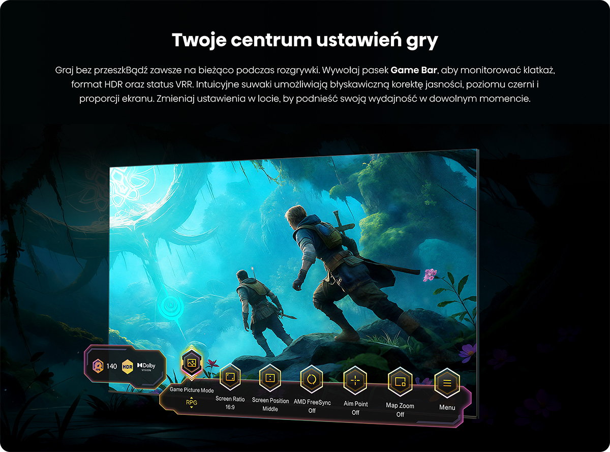 Dwie postacie w świecie fantasy na ekranie z ustawieniami gry.