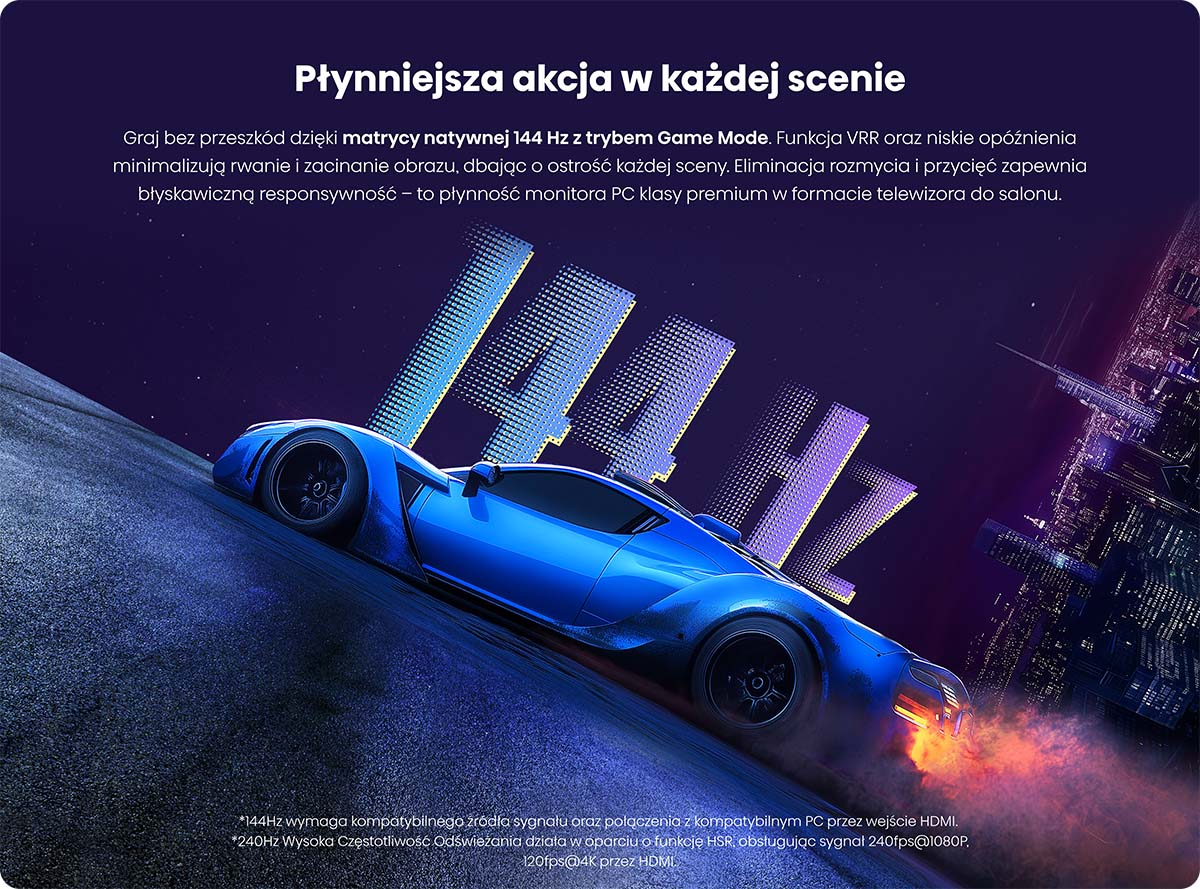 Niebieski samochód sportowy pędzi po ciemnej drodze z grafiką 144 Hz.