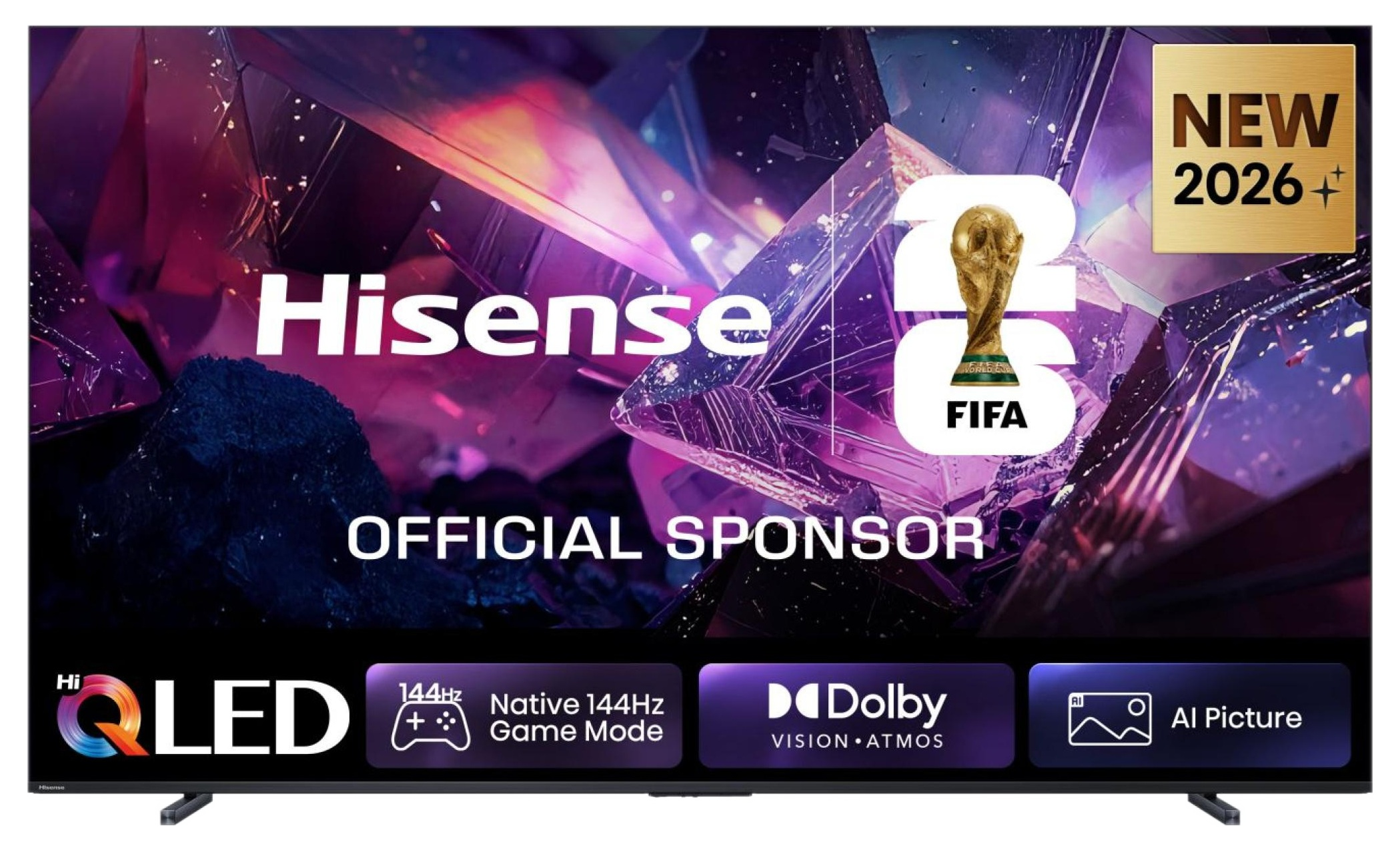 Telewizor Hisense QLED z logo Pucharu Świata FIFA i napisem "Oficjalny Sponsor".