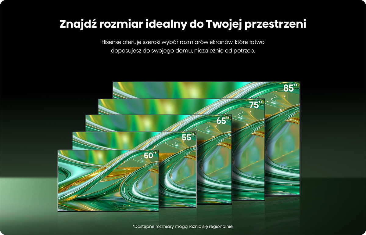 Wiele telewizorów Hisense w różnych rozmiarach, od 50 do 85 cali.