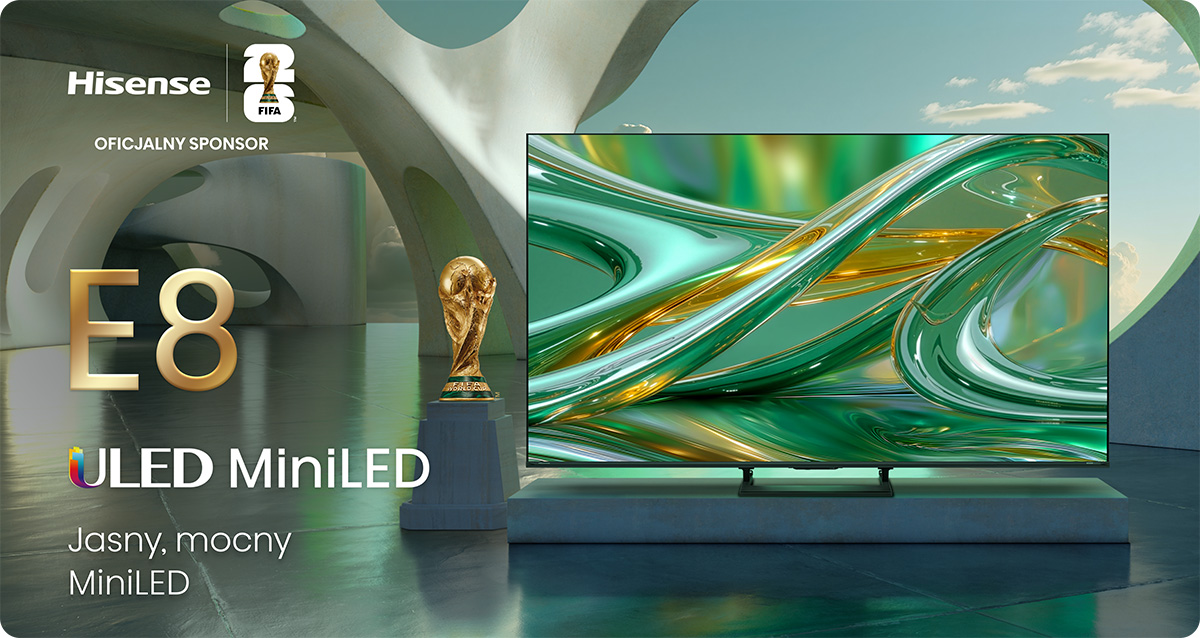 Telewizor Hisense E8 ULED MiniLED z pucharem FIFA. Abstrakcyjne zielone i złote kształty.