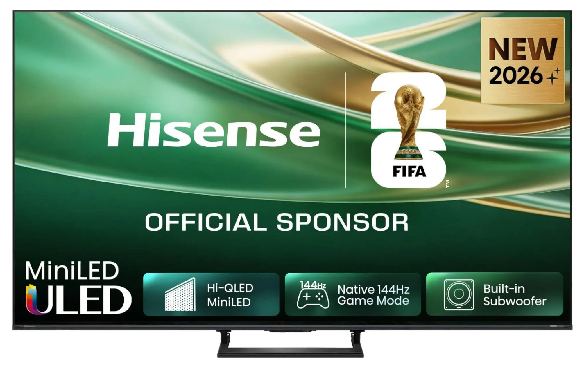 Telewizor Hisense ULED z logo FIFA, "Oficjalny Sponsor" i "Nowy 2026".