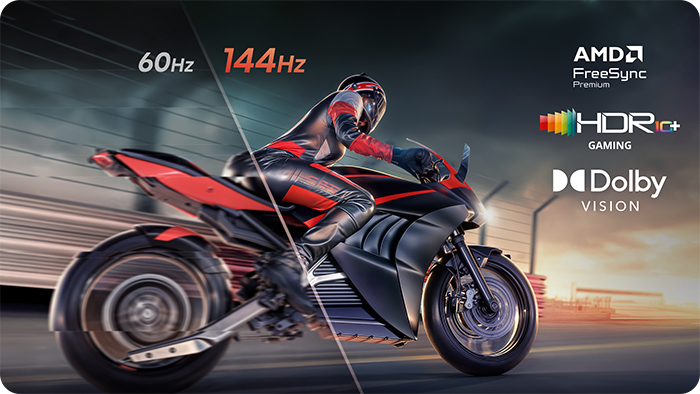 Kierowca w czerwono-czarnym stroju na szybkim motocyklu. 60Hz/144Hz.