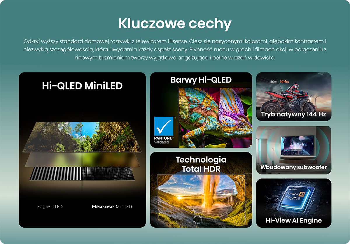 Główne cechy TV Hisense: Hi-QLED MiniLED, kolory Hi-QLED, 144Hz, Total HDR, subwoofer, silnik AI.
