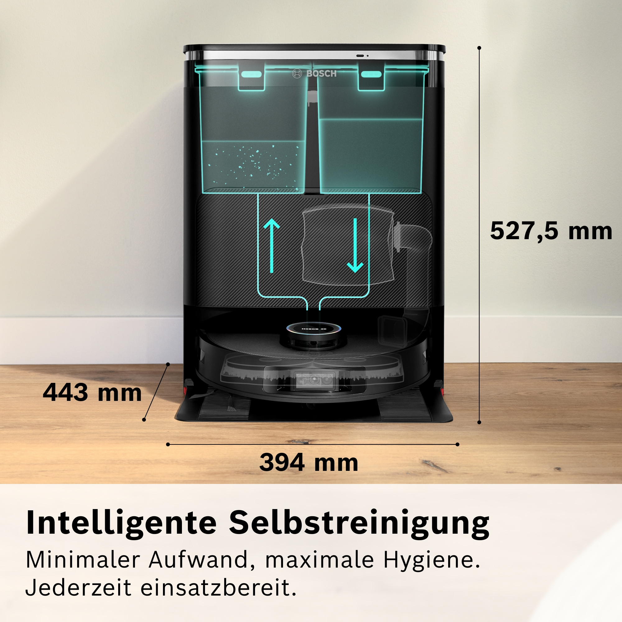 Schwarze Ladestation mit zwei Behältern, Maße 443x394x527,5 mm.