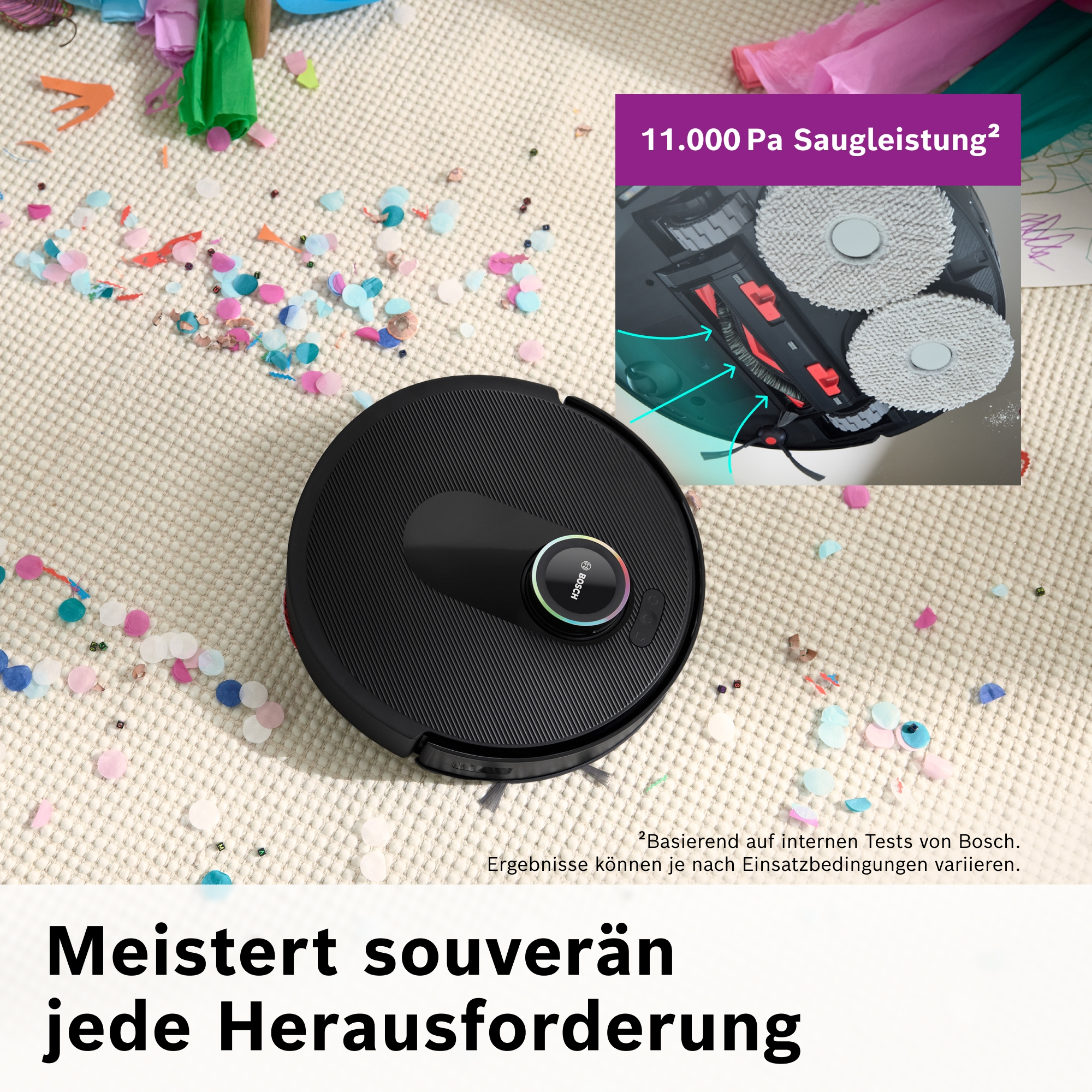 Schwarzer Saugroboter auf einem Teppich mit Konfetti. Oben rechts zeigt ein Detailbild die Bürsten.