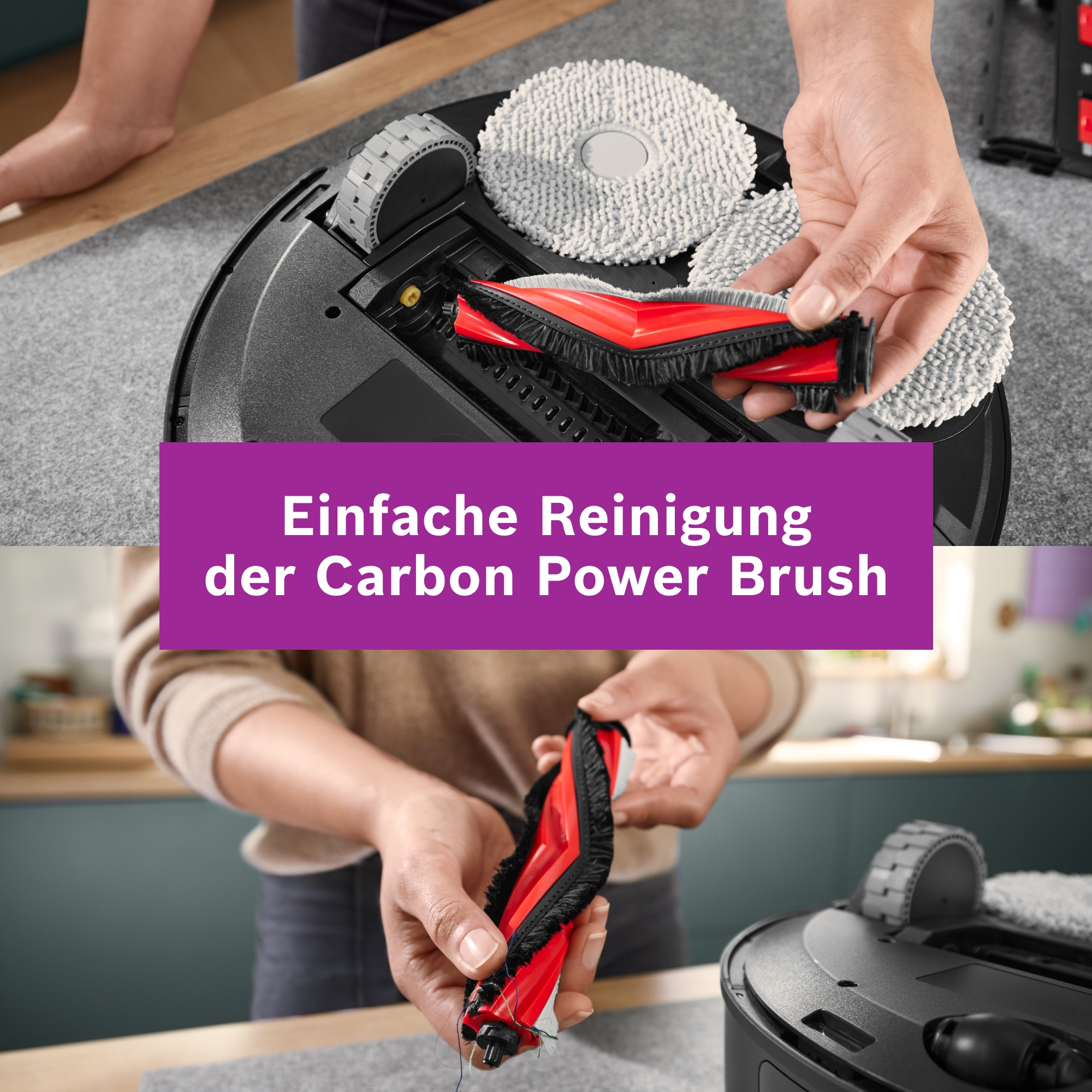 Eine Person tauscht die rote Carbon Power Bürste eines Saugroboters aus.
