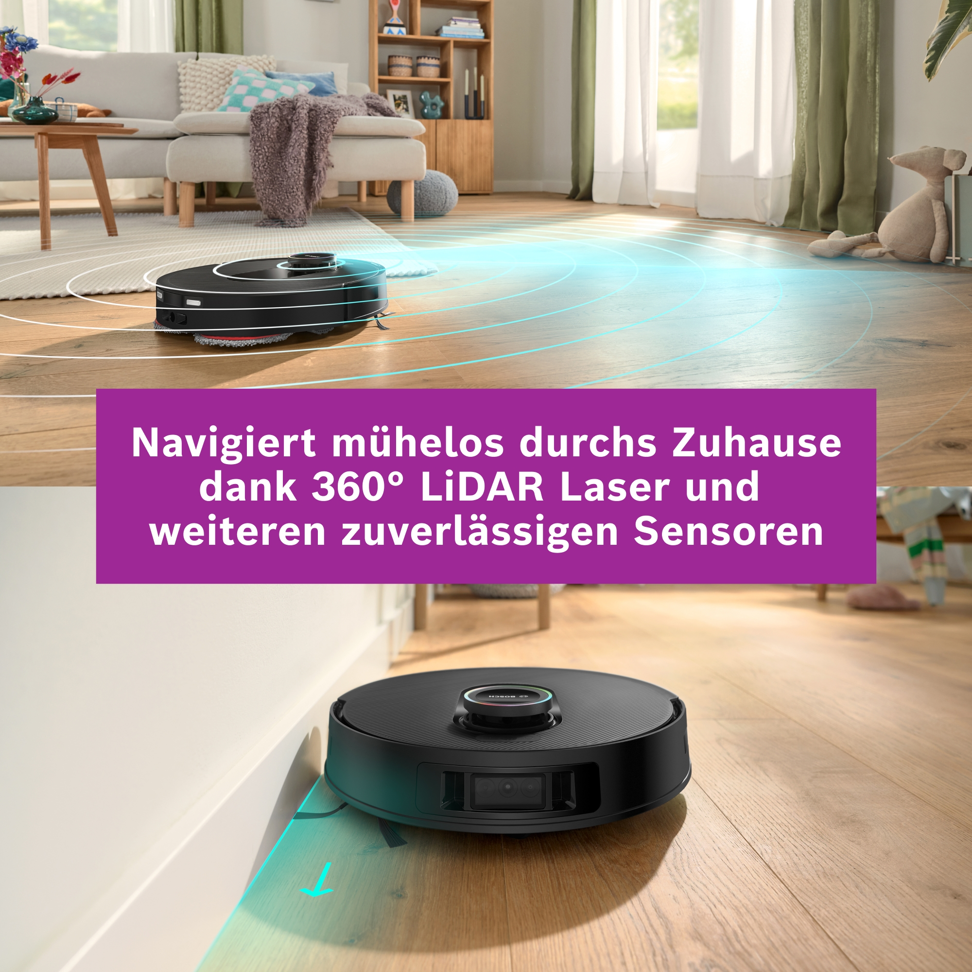 Ein schwarzer Saugroboter reinigt einen Holzboden in einem Wohnzimmer.