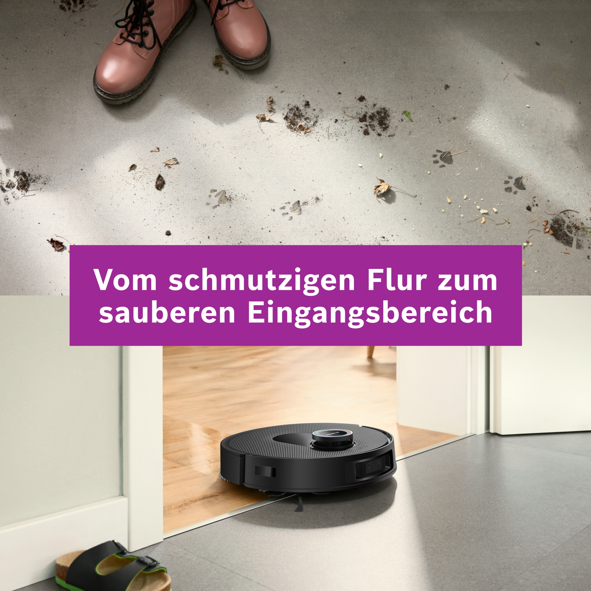 Ein Saugroboter reinigt einen schmutzigen Flur, auf dem Schuhabdrücke sind.