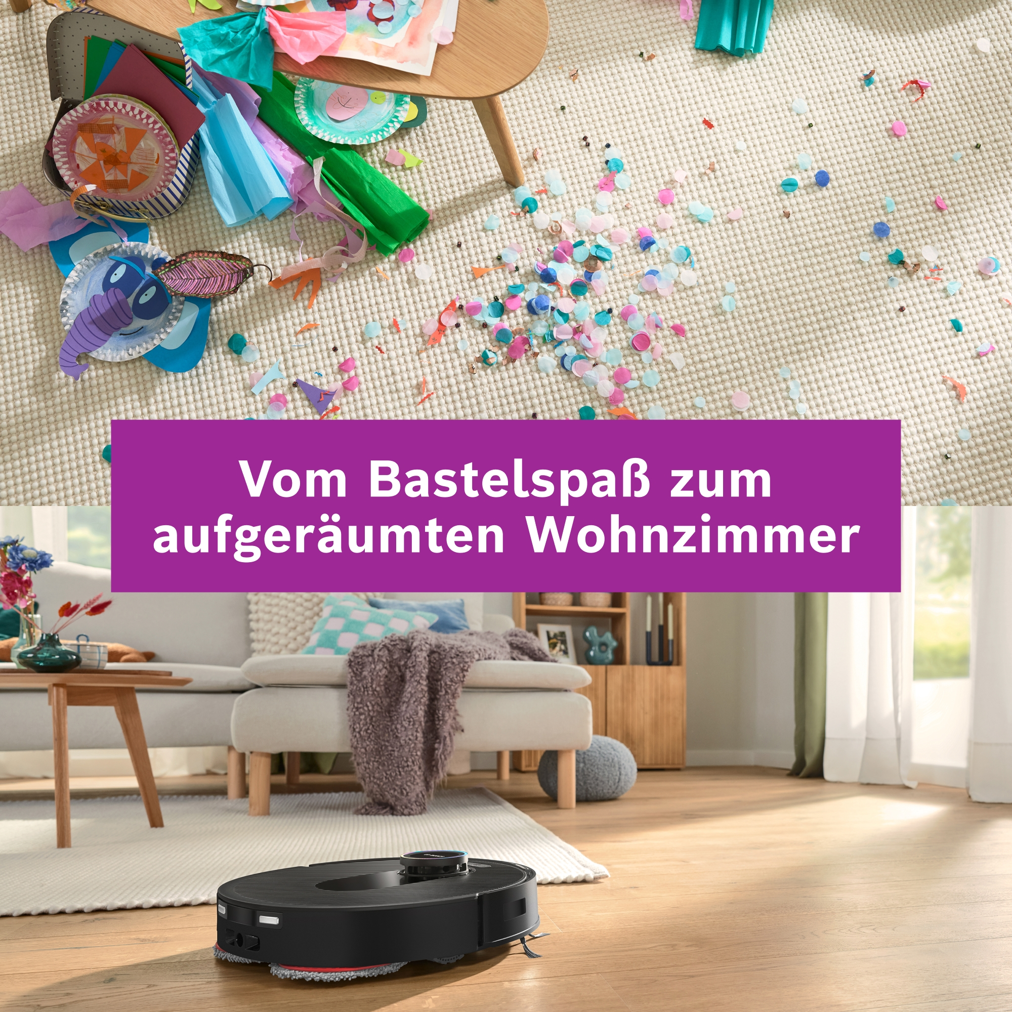 Boden voller Bastelreste, dann Roboterreiniger im Wohnzimmer.