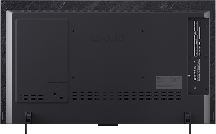 Sötétszürke LG OLED TV hátulja portokkal és szellőzéssel.