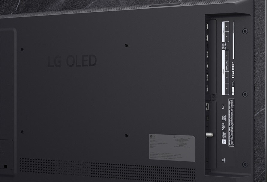 Fekete LG OLED TV hátulja HDMI és USB csatlakozókkal.