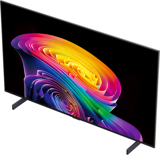 Egy modern TV szivárvány színek absztrakt, színes örvényét mutatja fekete képernyőn.