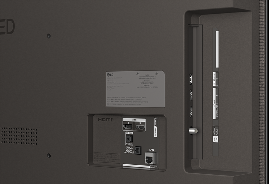 TV hátoldala csatlakozókkal: HDMI, USB, LAN, optikai digitális audio kimenet.