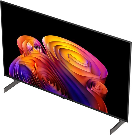 Egy modern televízió színes, absztrakt képernyővédővel.