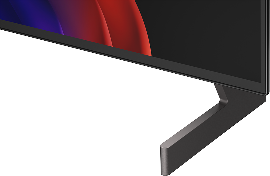 Egy modern TV képernyő elegáns szürke állvánnyal és színes absztrakt háttérrel a képernyőn.