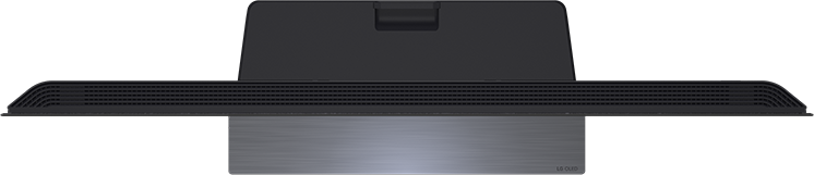 Egy fekete LG OLED TV szürke állványon pihen. Az alján szellőzőnyílások vannak.