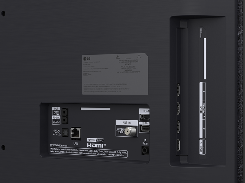 TV hátoldala portokkal: HDMI, USB, Antenn, LAN és Audio.