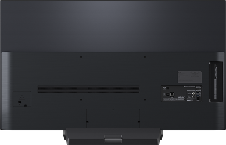 Egy fekete televízió hátulja HDMI és LAN csatlakozókkal.