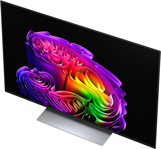 Egy LG OLED TV absztrakt, sokszínű mintát mutat fekete háttéren.